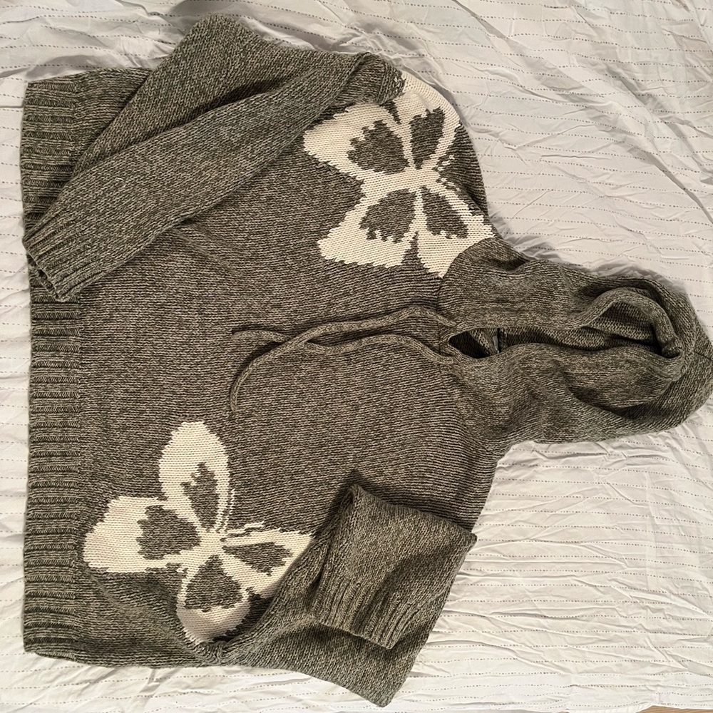 American Eagle Outfitters Green and Cream Hoodie Sweater